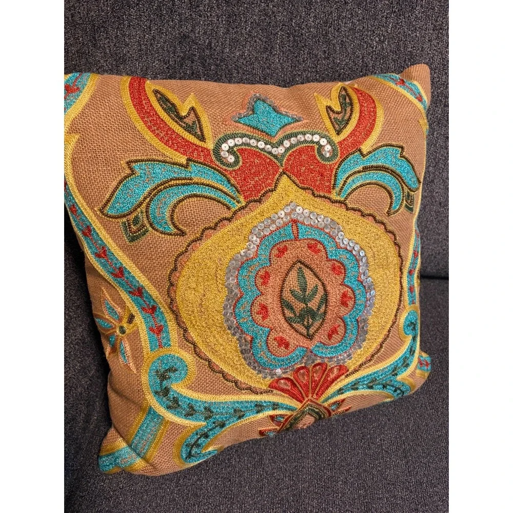 intricately Embroidered Beaded Sequined Pillow-18